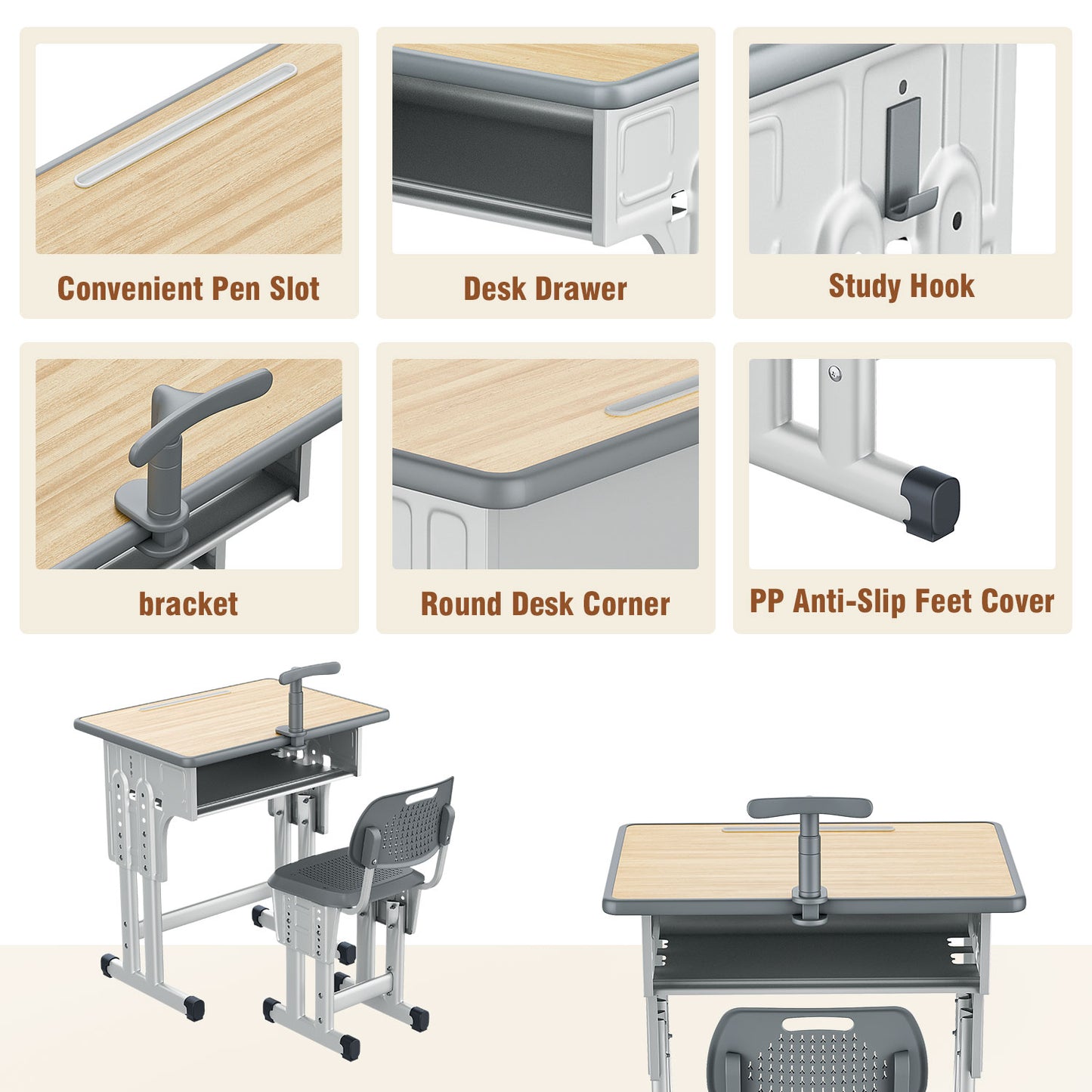 Kids Study Desk and Chair Set, LVYUAN Height Adjustable Children School Study Drawing Desk, Ergonomic Kids Table Desk and Chair Set with Storage Drawer, Hook, Bracket, Pen Slot for Ages 3-18 Gray