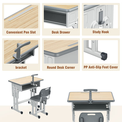 Kids Study Desk and Chair Set, LVYUAN Height Adjustable Children School Study Drawing Desk, Ergonomic Kids Table Desk and Chair Set with Storage Drawer, Hook, Bracket, Pen Slot for Ages 3-18 Gray