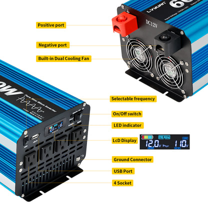 LVYUAN 3000W 6000W Peak Pure Sine Wave Power Inverter 12V DC to 110V AC Converter, 60Hz/50Hz, 4 AC Outlets + USB, LCD Display, Remote Control for Car, RV, Camping & Home Backup Blue
