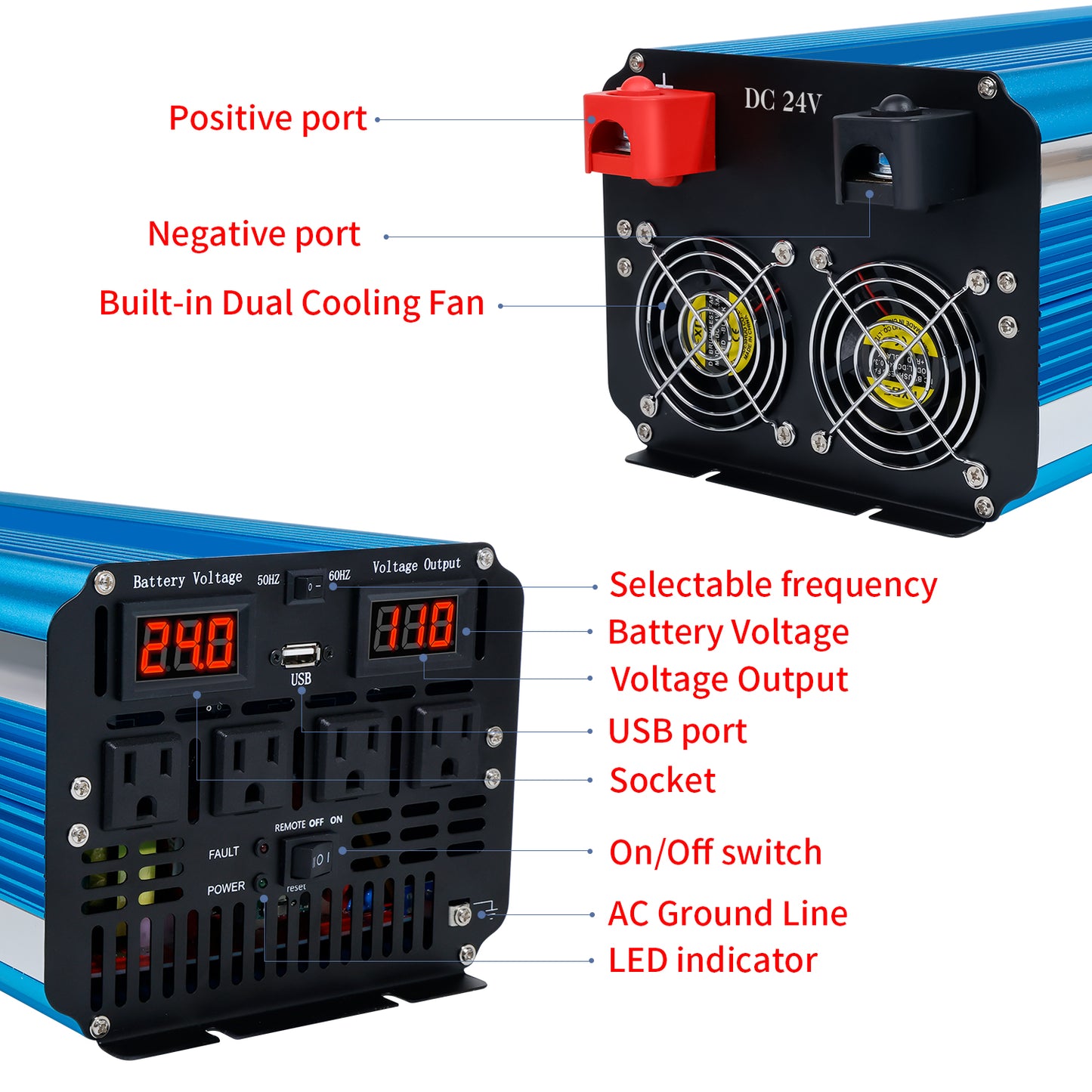 LVYUAN 5000W 10000W Peak Pure Sine Wave Power Inverter 24V DC to 110V AC Converter, 60Hz/50Hz, 4 AC Outlets + USB, LED Display, Remote Control for Car, RV, Camping & Home Backup