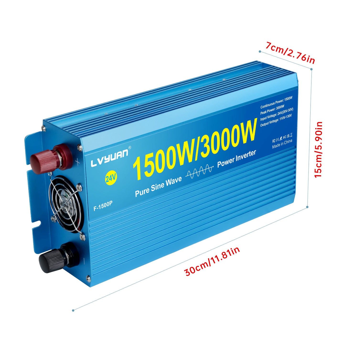 LVYUAN 1500W 3000W Peak Power Inverter DC 24V to AC 110V Pure Sine Wave Car Battery Inverter 3 AC Outlets Charger Adapter LCD Display for Car, RV, Truck, Camping, Home Backup, Emergency Power