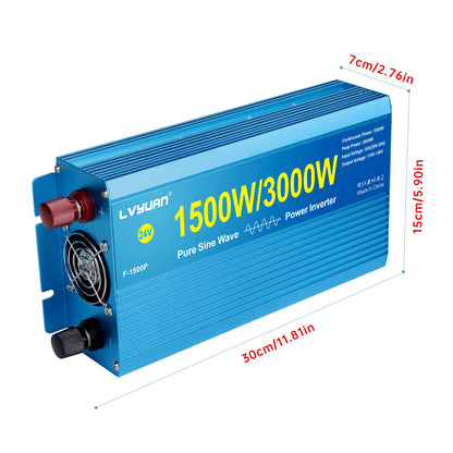 LVYUAN 1500W 3000W Peak Power Inverter DC 24V to AC 110V Pure Sine Wave Car Battery Inverter 3 AC Outlets Charger Adapter LCD Display for Car, RV, Truck, Camping, Home Backup, Emergency Power