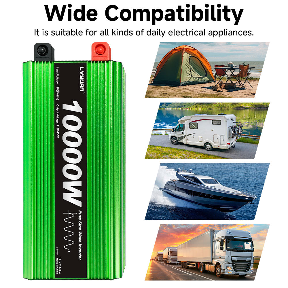 LVYUAN 5000W 10000W Peak Pure Sine Wave Power Inverter 12V DC to 110V AC Converter, 60Hz/50Hz, 4 AC Outlets + USB, LCD Display, Remote Control for Car, RV, Camping & Home Backup Green