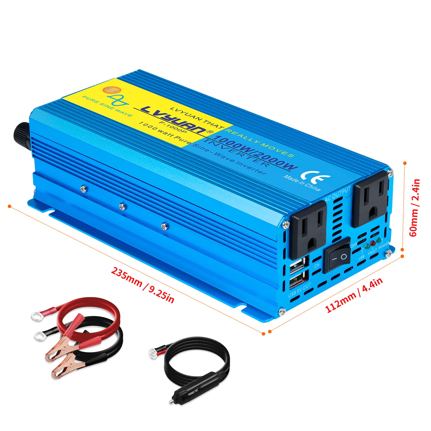 LVYUAN 1000W 2000W Peak Power Inverter DC 12V to AC 110V Pure Sine Wave Car Battery Inverter 2 AC Outlets & 2 USB Charger Adapter for Car, RV, Truck, Camping, Home Backup, Emergency Power