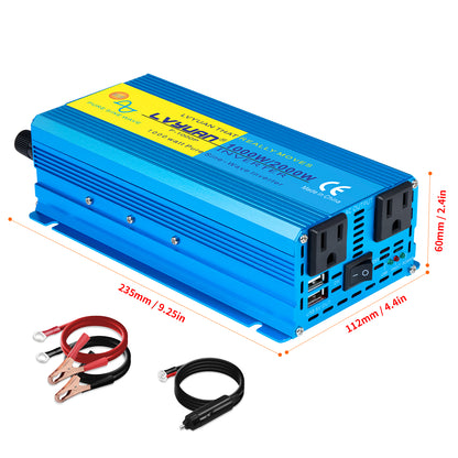 LVYUAN 1000W 2000W Peak Power Inverter DC 12V to AC 110V Pure Sine Wave Car Battery Inverter 2 AC Outlets & 2 USB Charger Adapter for Car, RV, Truck, Camping, Home Backup, Emergency Power