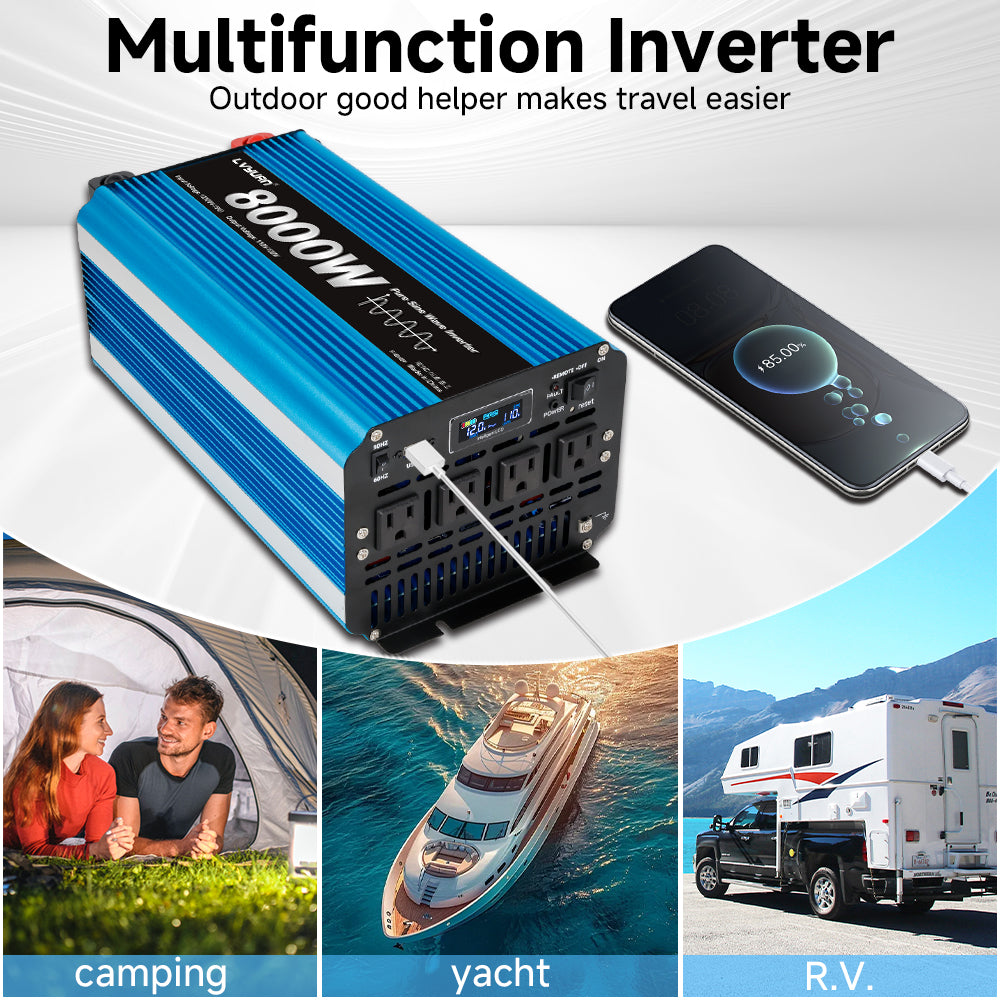 LVYUAN 4000W 8000W Peak Pure Sine Wave Power Inverter 12V DC to 110V AC Converter, 60Hz/50Hz, 4 AC Outlets + USB, LCD Display, Remote Control for Car, RV, Camping & Home Backup Blue