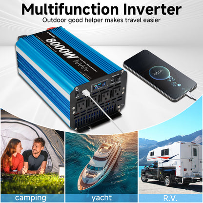 LVYUAN 4000W 8000W Peak Pure Sine Wave Power Inverter 12V DC to 110V AC Converter, 60Hz/50Hz, 4 AC Outlets + USB, LCD Display, Remote Control for Car, RV, Camping & Home Backup Blue