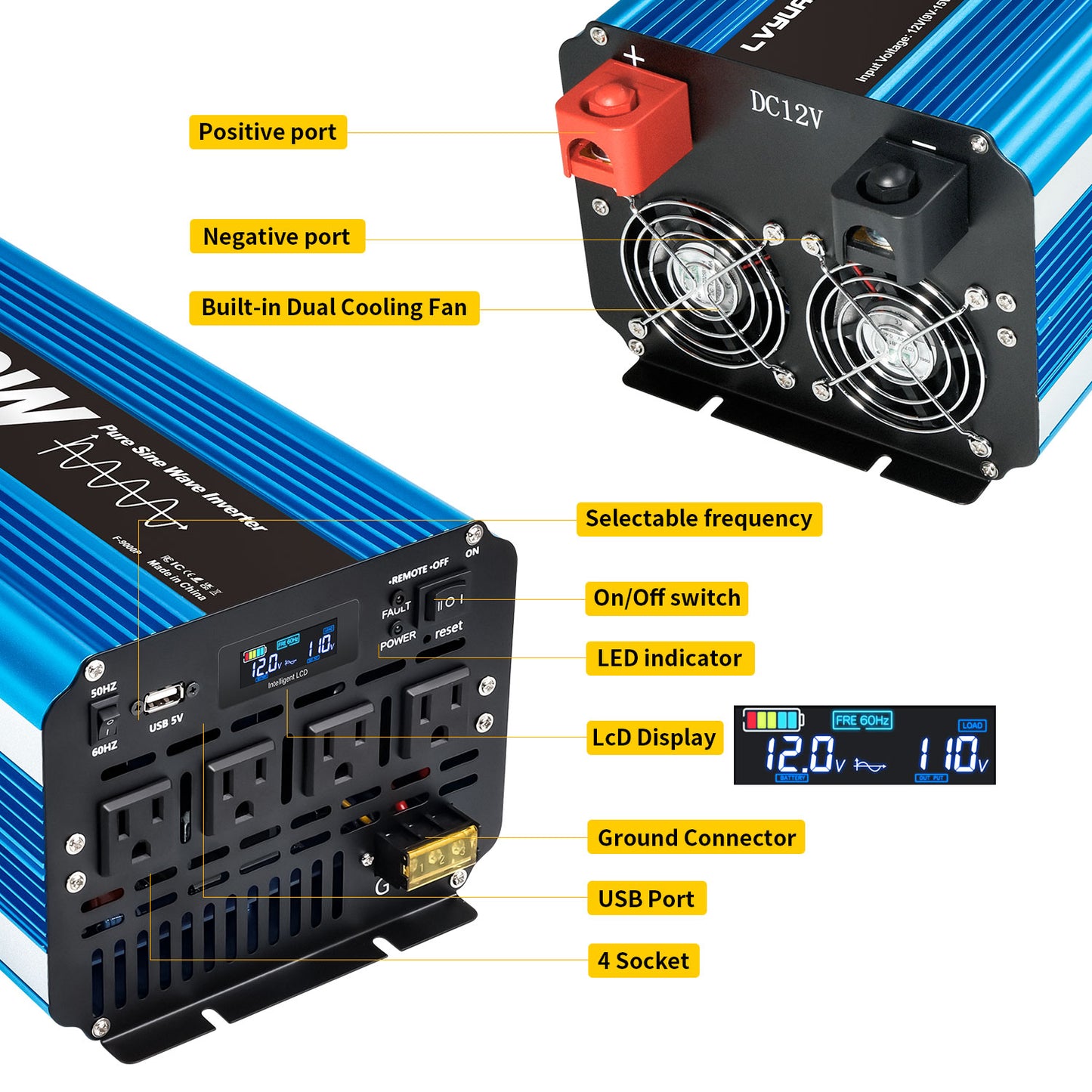 LVYUAN 5000W 10000W Peak Pure Sine Wave Power Inverter 12V DC to 110V AC Converter, 60Hz/50Hz, 4 AC Outlets + USB, LCD Display, Remote Control for Car, RV, Camping & Home Backup Blue