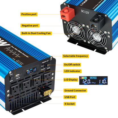 LVYUAN 5000W 10000W Peak Pure Sine Wave Power Inverter 12V DC to 110V AC Converter, 60Hz/50Hz, 4 AC Outlets + USB, LCD Display, Remote Control for Car, RV, Camping & Home Backup Blue