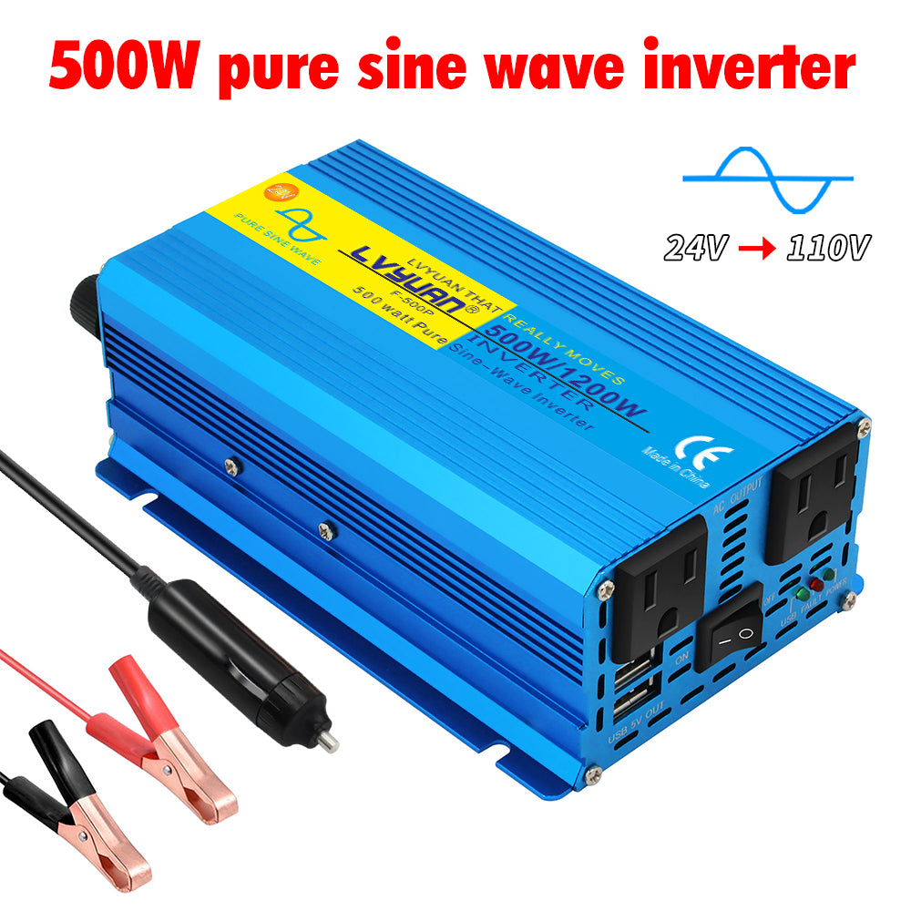 LVYUAN 500 Watts 1200 Watts  Pure Sine Wave Car Power Inverter 24V DC to 110V/120V AC Car Battery Converter Charger Adapter 2USB 2AC for Laptops, RVs, Trucks