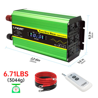 LVYUAN 2000W 4000W Pure Sine Wave Power Inverter DC 12V to AC 110V 120V Car Converter 4 AC Outlets + 4 USB LCD Display with Remote Control for Car, RV, Camping & Home Backup Green