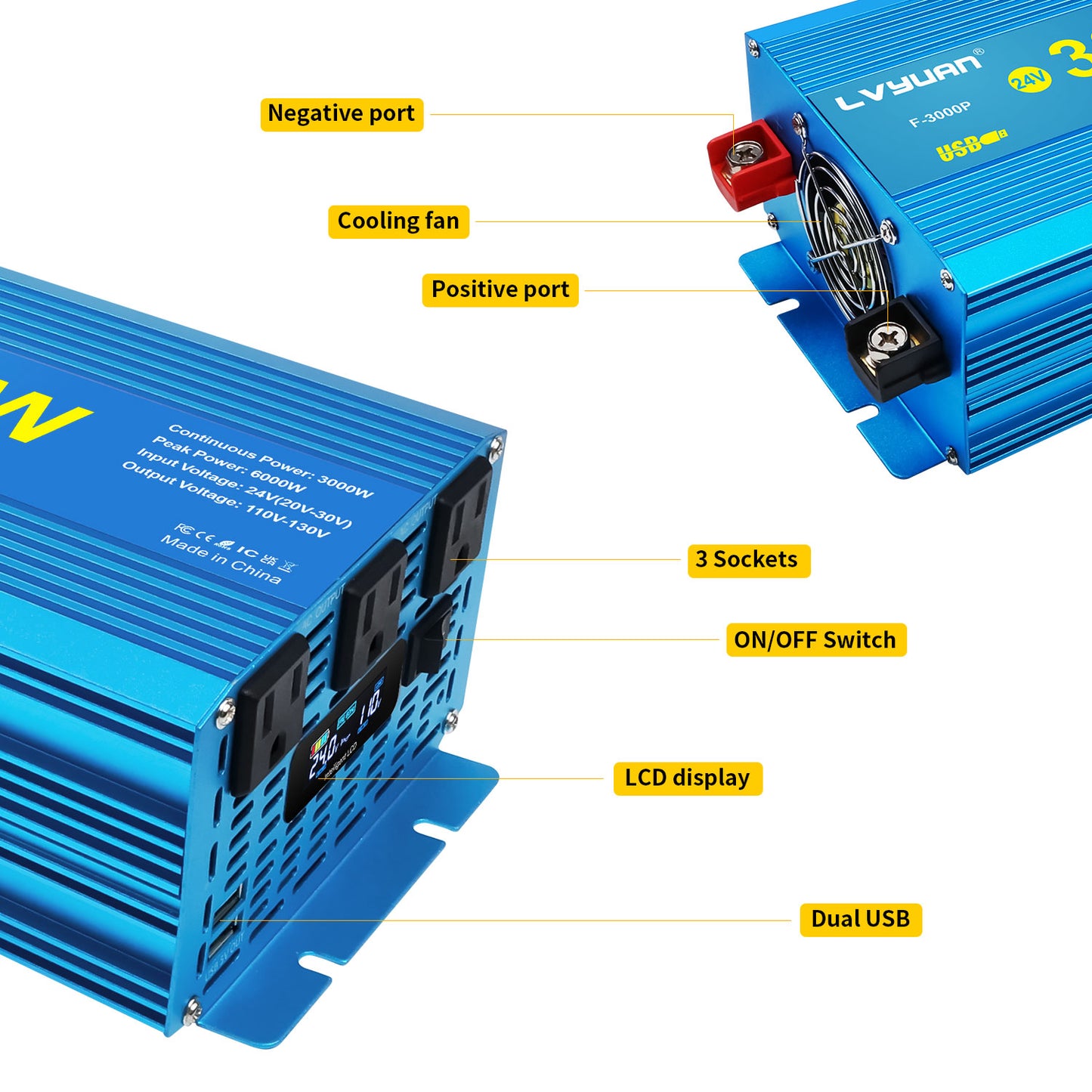 LVYUAN 3000W 6000W Peak Power Inverter DC 24V to AC 110V Pure Sine Wave Car Battery Inverter 3 AC Outlets & 2 USB Charger Adapter LCD Display for Car, RV, Truck, Camping, Home Backup, Emergency Power