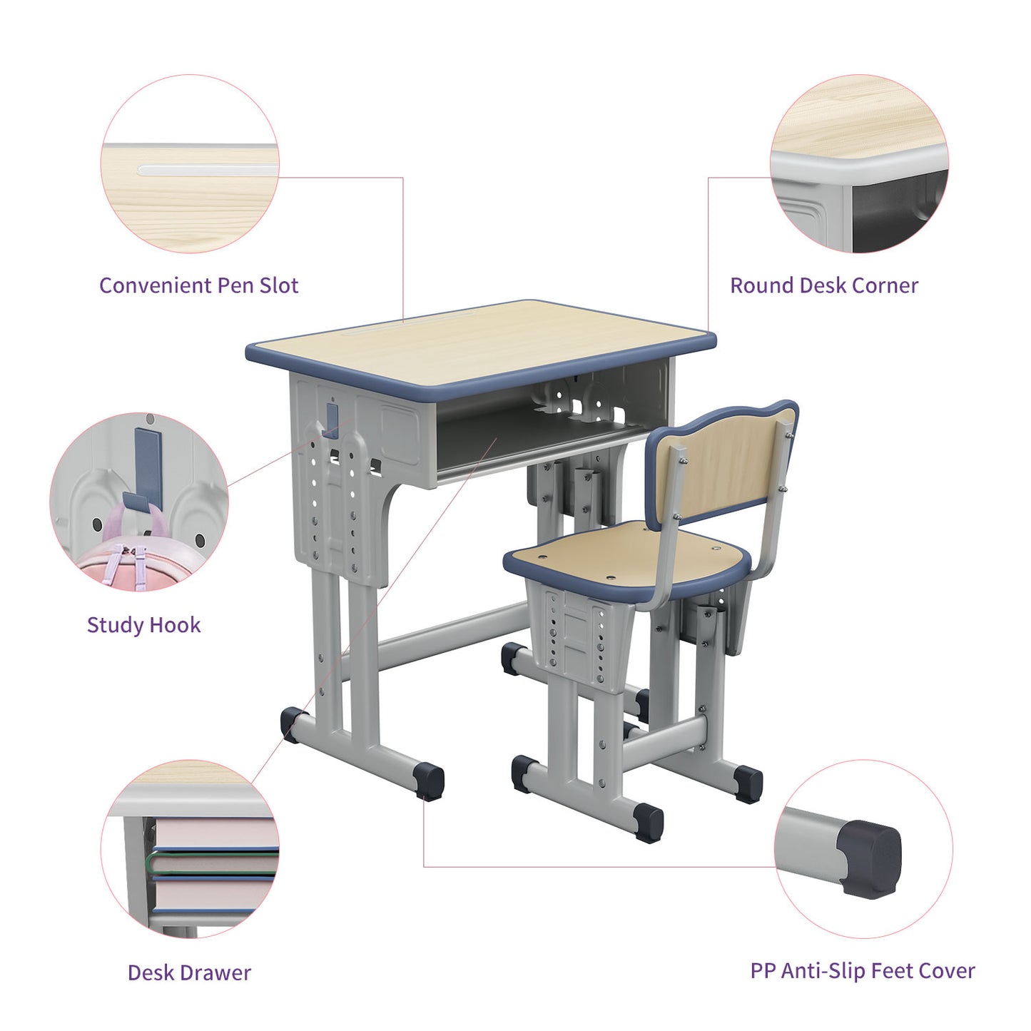 Kids Study Desk and Chair Set, LVYUAN Children School Study Drawing Desk Chair Height Adjustable Kids Table Desk and Chair Set with Storage Drawer, Hook Gray