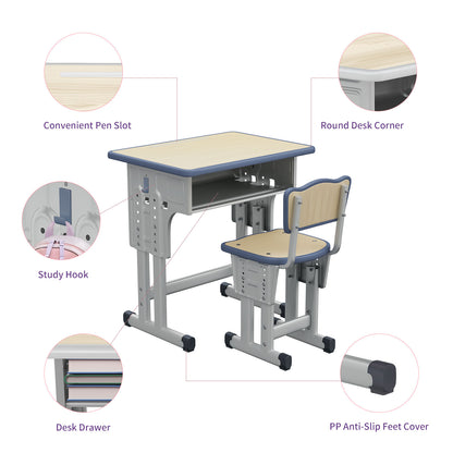 Kids Study Desk and Chair Set, LVYUAN Children School Study Drawing Desk Chair Height Adjustable Kids Table Desk and Chair Set with Storage Drawer, Hook Gray