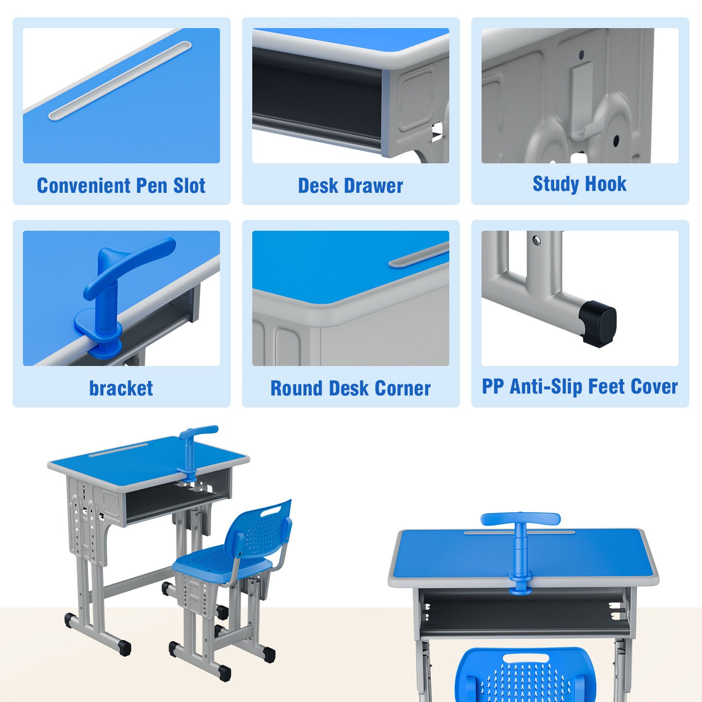 Kids Study Desk and Chair Set, LVYUAN Height Adjustable Children School Study Drawing Desk, Ergonomic Kids Table Desk and Chair Set with Storage Drawer, Hook, Bracket, Pen Slot for Ages 3-18 Blue