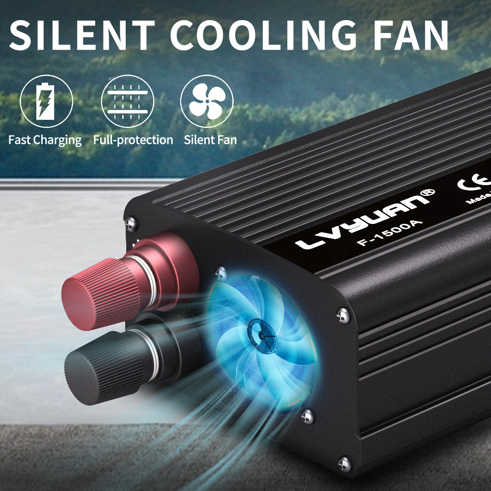 LVYUAN 1500 Watts Peak Power Inverter Modified Sine Wave DC 12V to AC 110V 120V Car Converter 2 AC Outlets + USB Adapter USB Charger for Car, RV, Camping & Home Backup Black