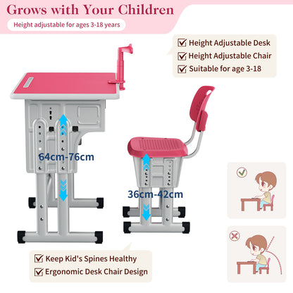 Kids Study Desk and Chair Set, LVYUAN Height Adjustable Children School Study Drawing Desk, Ergonomic Kids Table Desk and Chair Set with Storage Drawer, Hook, Bracket, Pen Slot for Ages 3-18 Pink