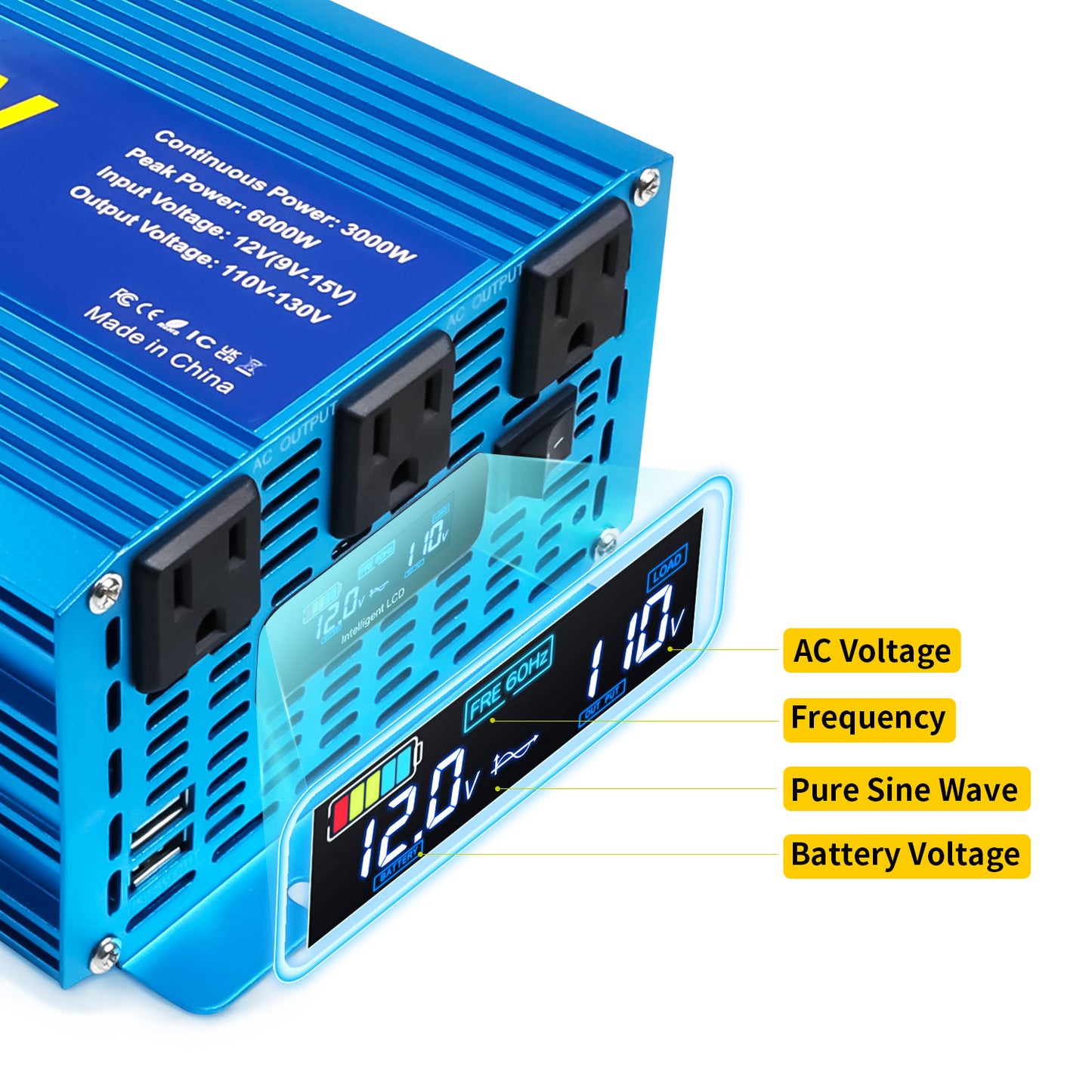 LVYUAN 3000W 6000W Peak Power Inverter DC 12V to AC 110V Pure Sine Wave Car Battery Inverter 3 AC Outlets & 2 USB Charger Adapter LCD Display for Car, RV, Truck, Camping, Home Backup, Emergency Power