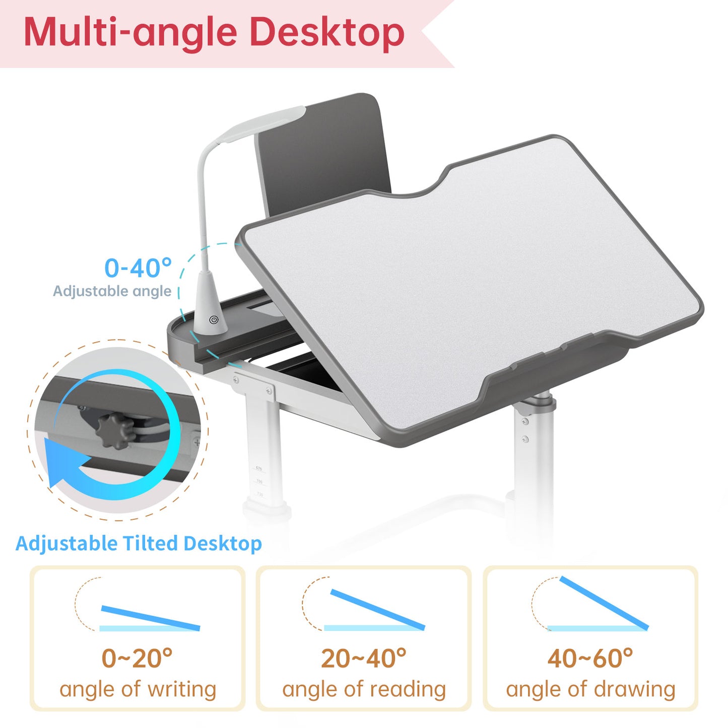 LVYUAN Kids Study Desk and Chair Set Height Adjustable Children School Study Drawing Desk Chair with LED Lamp, Tilt Desktop, Storage Drawer, Book Stand Grey