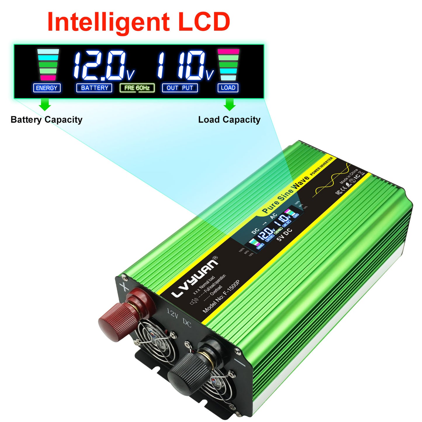 LVYUAN 2000W 4000W Pure Sine Wave Power Inverter DC 12V to AC 110V 120V Car Converter 4 AC Outlets + 4 USB LCD Display with Remote Control for Car, RV, Camping & Home Backup Green