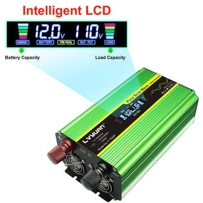 LVYUAN 2000W 4000W Pure Sine Wave Power Inverter DC 12V to AC 110V 120V Car Converter 4 AC Outlets + 4 USB LCD Display with Remote Control for Car, RV, Camping & Home Backup Green