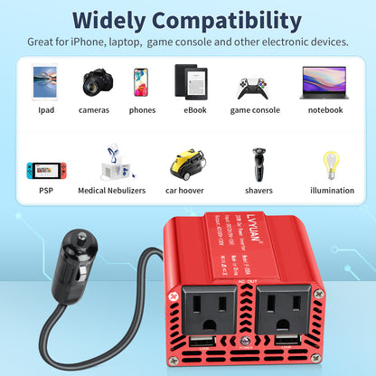 LVYUAN 200W Modified Sine Wave Power Inverter 12V DC to 110V AC Vehicles Converter 2 AC Outlets + 2USB Charger Car Plug Adapter for Laptop, Computer, Car, RV, Camping & Home Red