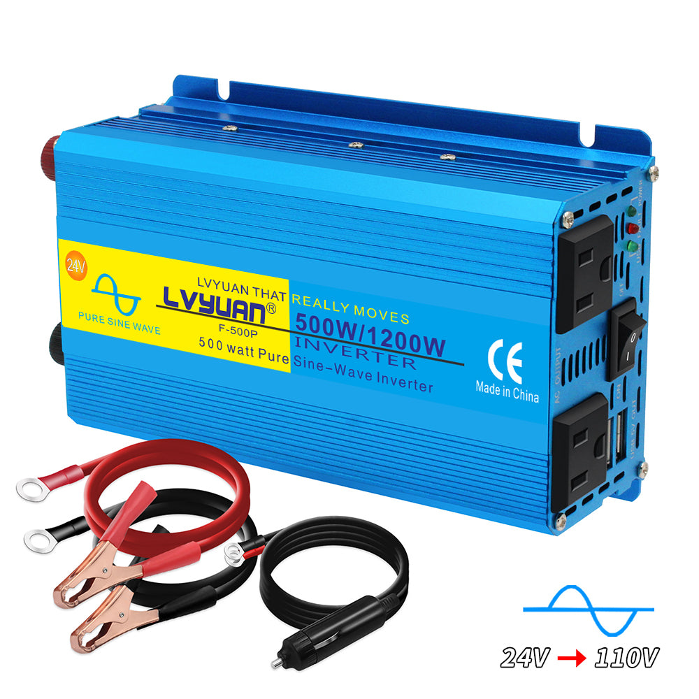 LVYUAN 500 Watts 1200 Watts  Pure Sine Wave Car Power Inverter 24V DC to 110V/120V AC Car Battery Converter Charger Adapter 2USB 2AC for Laptops, RVs, Trucks