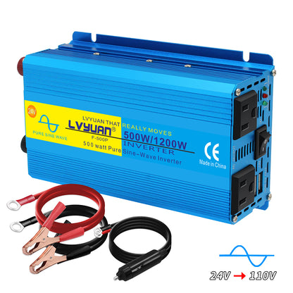 LVYUAN 500 Watts 1200 Watts  Pure Sine Wave Car Power Inverter 24V DC to 110V/120V AC Car Battery Converter Charger Adapter 2USB 2AC for Laptops, RVs, Trucks