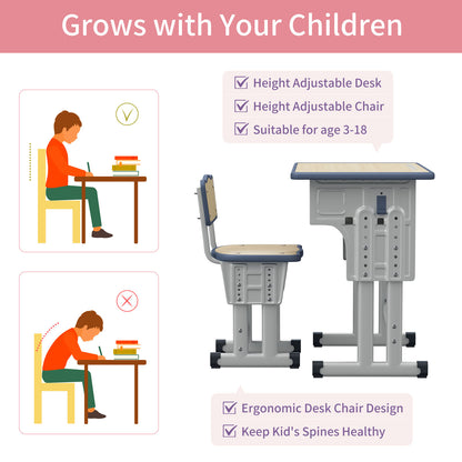 Kids Study Desk and Chair Set, LVYUAN Children School Study Drawing Desk Chair Height Adjustable Kids Table Desk and Chair Set with Storage Drawer, Hook Gray