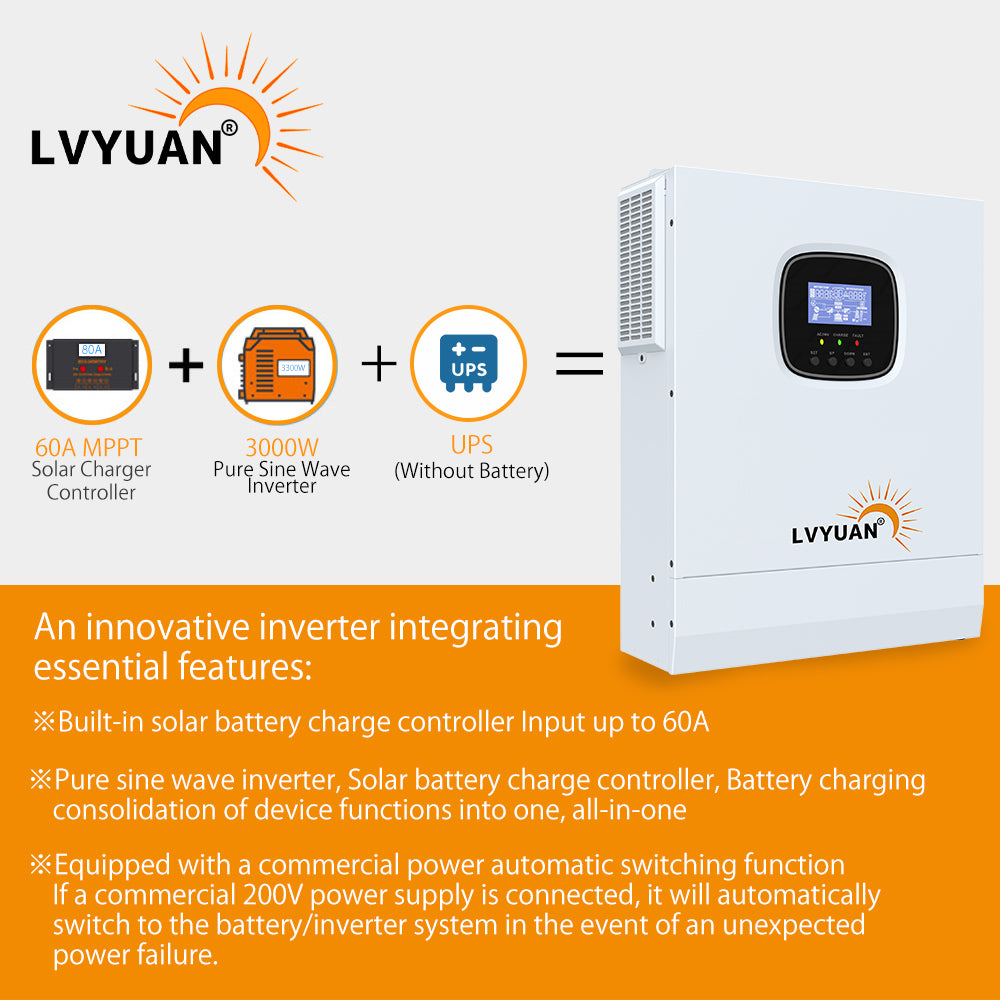 LVYUAN All-in-One-Solar-Hybrid-Ladegerät-Wechselrichter mit integriertem 3000-W-24-V-Rein-Sinus-Wechselrichter und 60-A-MPPT-Solarregler für netzunabhängige Systeme