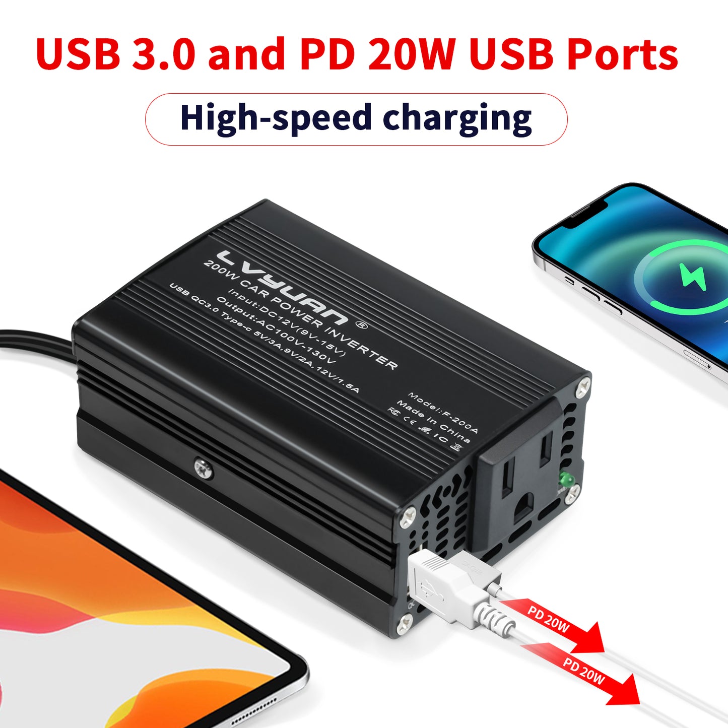 LVYUAN 200W Modified Sine Wave Car Power Inverter, DC 12V to AC 110V Converter with 20W PD USB-C & AC & 3.0 USB Adapter for Vehicles