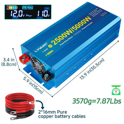 LVYUAN 2500W 5000W Peak Power Inverter DC 12V to AC 110V Pure Sine Wave Car Battery Inverter 3 AC Outlets & 2 USB Charger Adapter LCD Display for Car, RV, Truck, Camping, Home Backup, Emergency Power