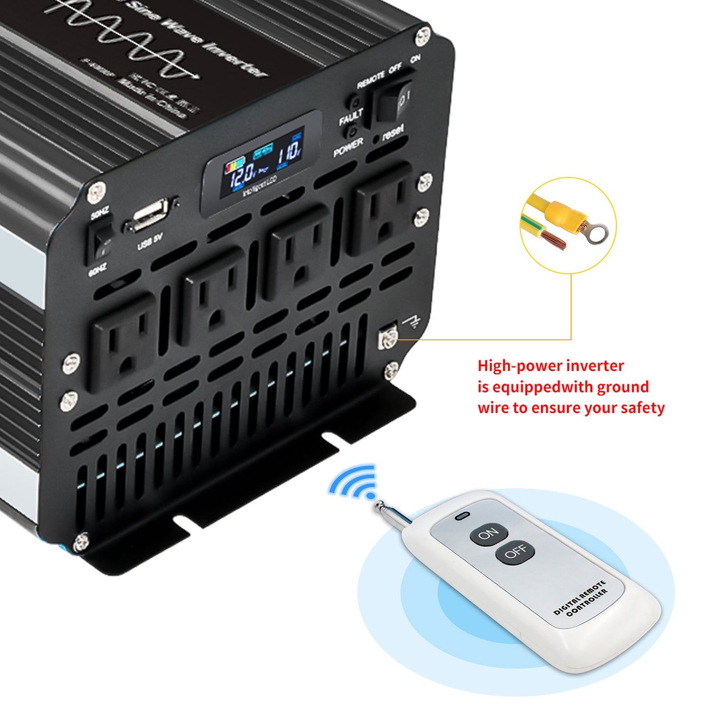 LVYUAN 3000W 6000W Peak Pure Sine Wave Power Inverter 12V DC to 110V AC Converter, 60Hz/50Hz, 4 AC Outlets + USB, LCD Display, Remote Control for Car, RV, Camping & Home Backup Black