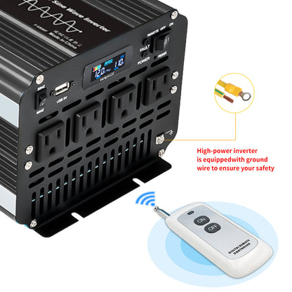 LVYUAN 3000W 6000W Peak Pure Sine Wave Power Inverter 12V DC to 110V AC Converter, 60Hz/50Hz, 4 AC Outlets + USB, LCD Display, Remote Control for Car, RV, Camping & Home Backup Black