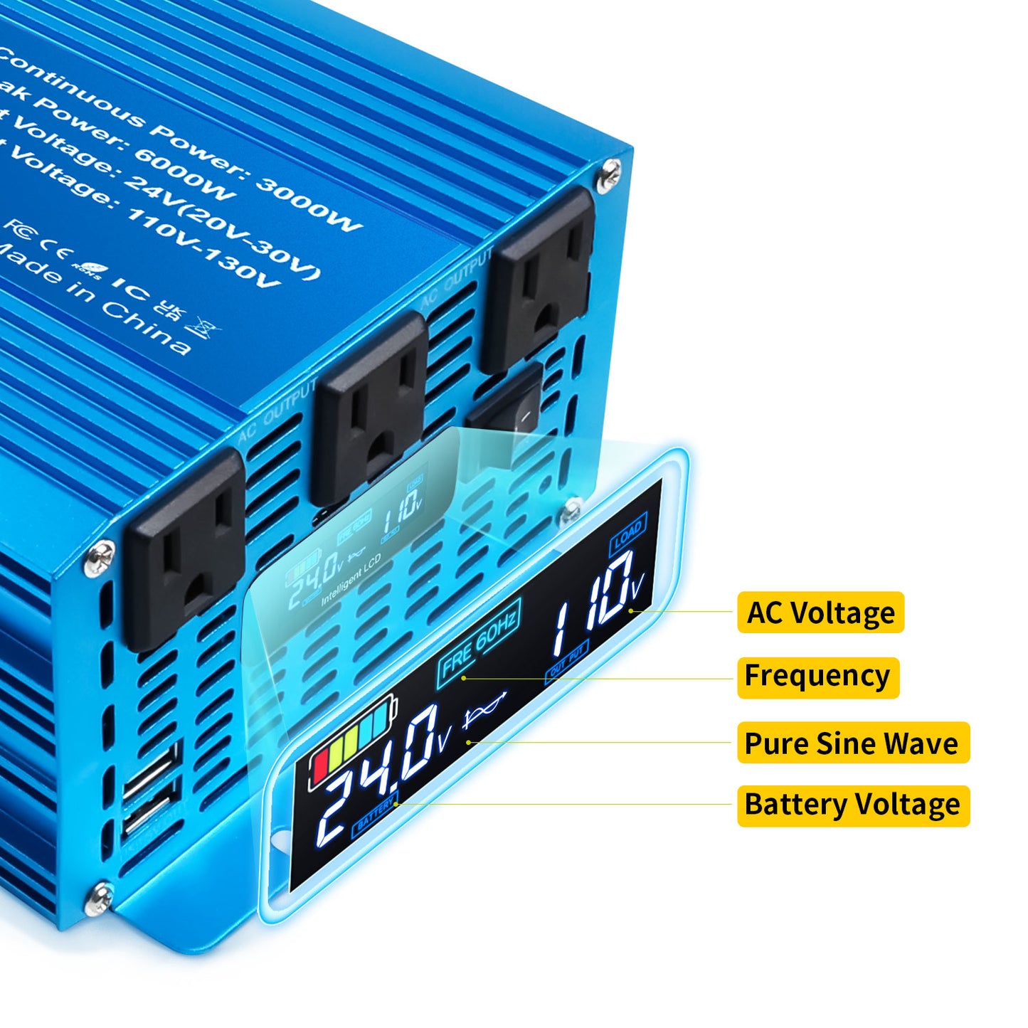 LVYUAN 3000W 6000W Peak Power Inverter DC 24V to AC 110V Pure Sine Wave Car Battery Inverter 3 AC Outlets & 2 USB Charger Adapter LCD Display for Car, RV, Truck, Camping, Home Backup, Emergency Power