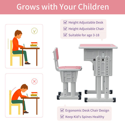 Kids Study Desk and Chair Set, LVYUAN Children School Study Drawing Desk Chair Height Adjustable Kids Table Desk and Chair Set with Storage Drawer, Hook Pink