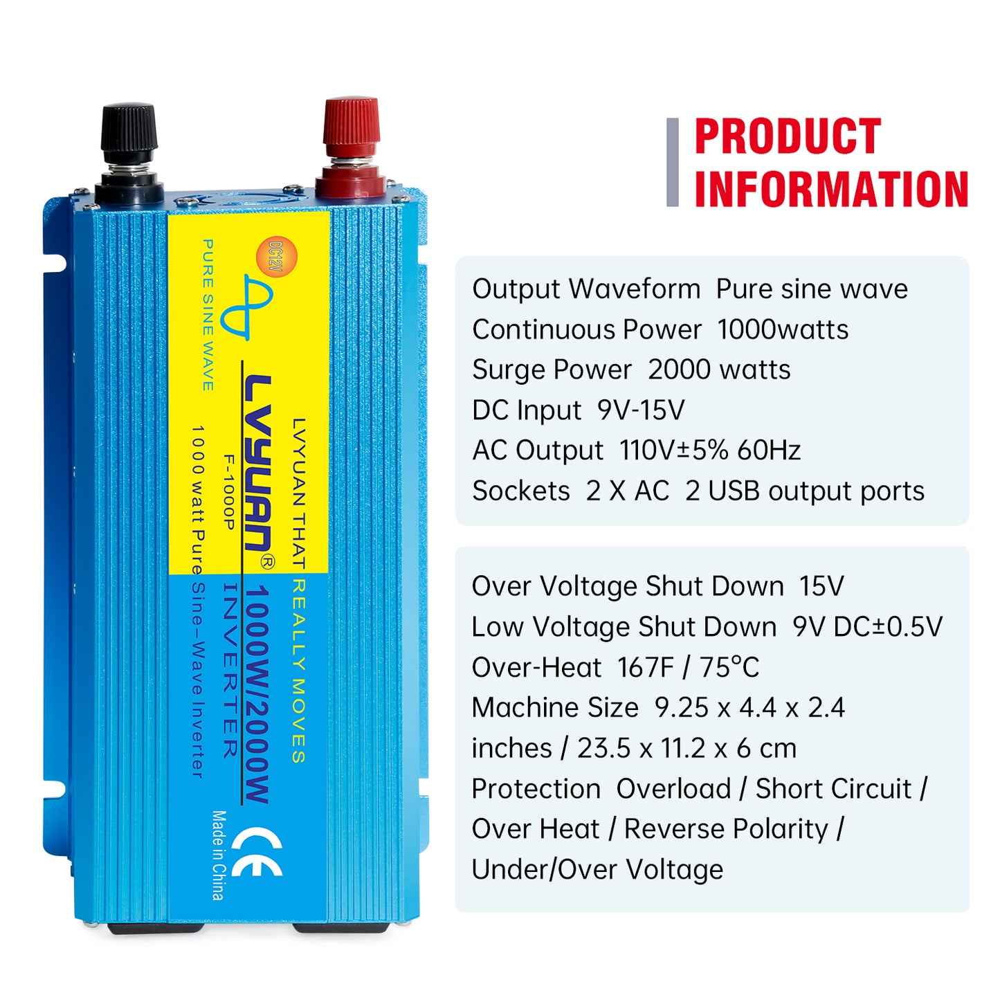 LVYUAN 1000W 2000W Peak Power Inverter DC 12V to AC 110V Pure Sine Wave Car Battery Inverter 2 AC Outlets & 2 USB Charger Adapter for Car, RV, Truck, Camping, Home Backup, Emergency Power