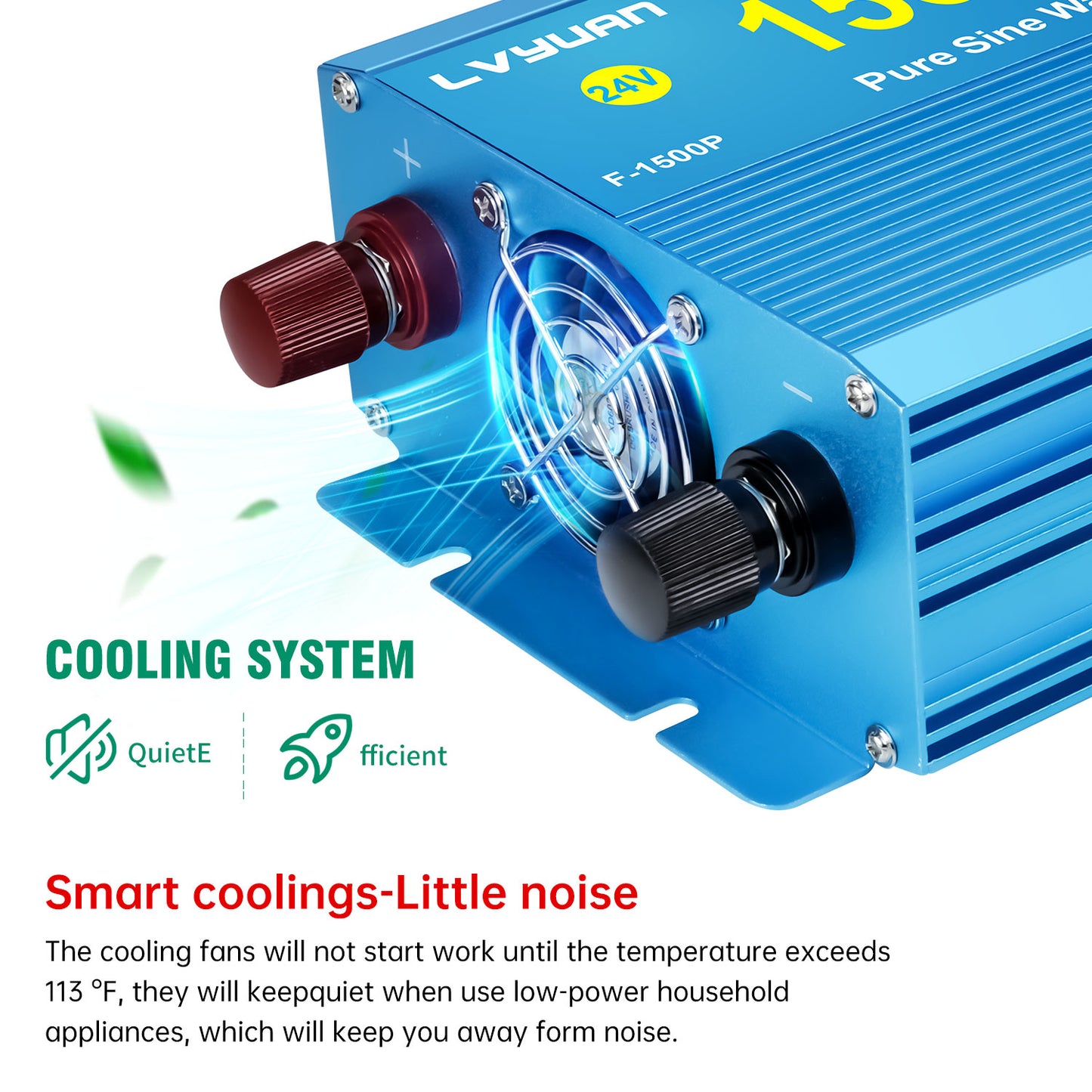 LVYUAN 1500W 3000W Peak Power Inverter DC 24V to AC 110V Pure Sine Wave Car Battery Inverter 3 AC Outlets Charger Adapter LCD Display for Car, RV, Truck, Camping, Home Backup, Emergency Power