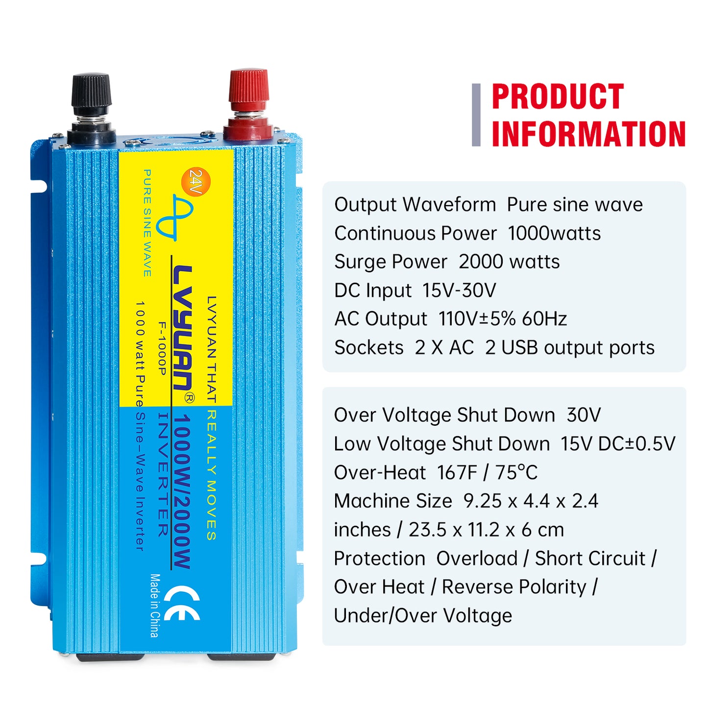 LVYUAN 1000W 2000W Peak Power Inverter DC 24V to AC 110V Pure Sine Wave Car Battery Inverter 2 AC Outlets & 2 USB Charger Adapter for Car, RV, Truck, Camping, Home Backup, Emergency Power