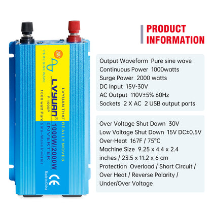 LVYUAN 1000W 2000W Peak Power Inverter DC 24V to AC 110V Pure Sine Wave Car Battery Inverter 2 AC Outlets & 2 USB Charger Adapter for Car, RV, Truck, Camping, Home Backup, Emergency Power