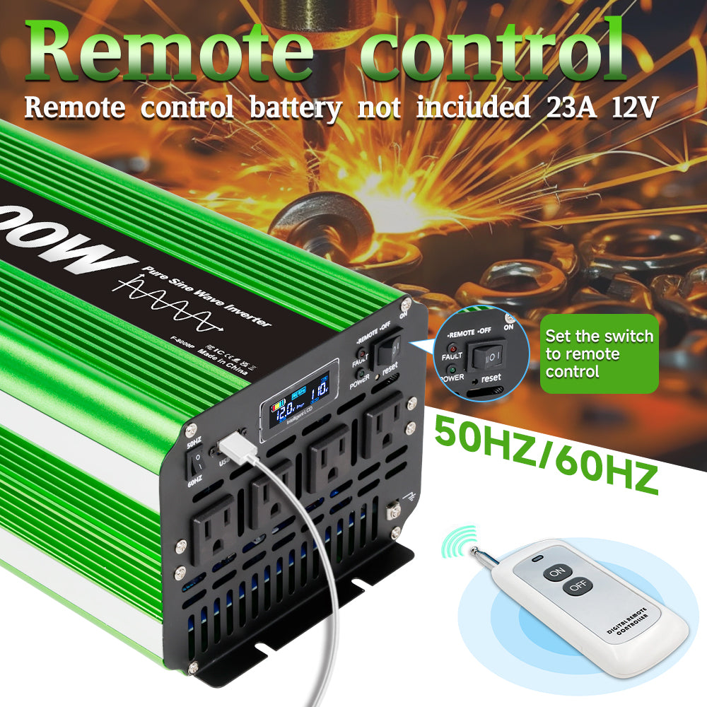 LVYUAN 4000W 8000W Peak Pure Sine Wave Power Inverter 12V DC to 110V AC Converter, 60Hz/50Hz, 4 AC Outlets + USB, LCD Display, Remote Control for Car, RV, Camping & Home Backup Green