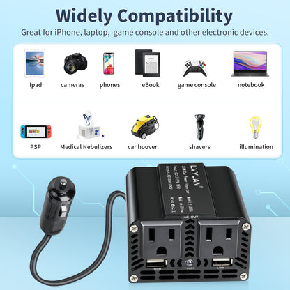 LVYUAN 200W Modified Sine Wave Power Inverter 12V DC to 110V AC Vehicles Converter 2 AC Outlets + 2USB Charger Car Plug Adapter for Laptop, Computer, Car, RV, Camping & Home Black