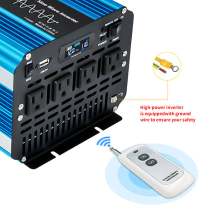 LVYUAN 3000W 6000W Peak Pure Sine Wave Power Inverter 12V DC to 110V AC Converter, 60Hz/50Hz, 4 AC Outlets + USB, LCD Display, Remote Control for Car, RV, Camping & Home Backup Blue