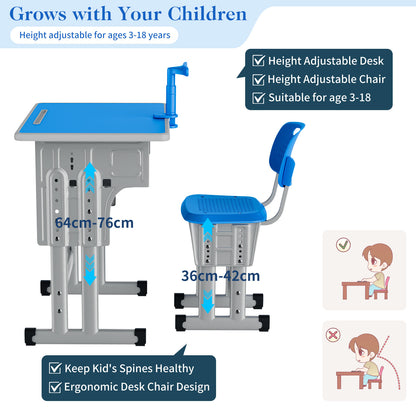 Kids Study Desk and Chair Set, LVYUAN Height Adjustable Children School Study Drawing Desk, Ergonomic Kids Table Desk and Chair Set with Storage Drawer, Hook, Bracket, Pen Slot for Ages 3-18 Blue