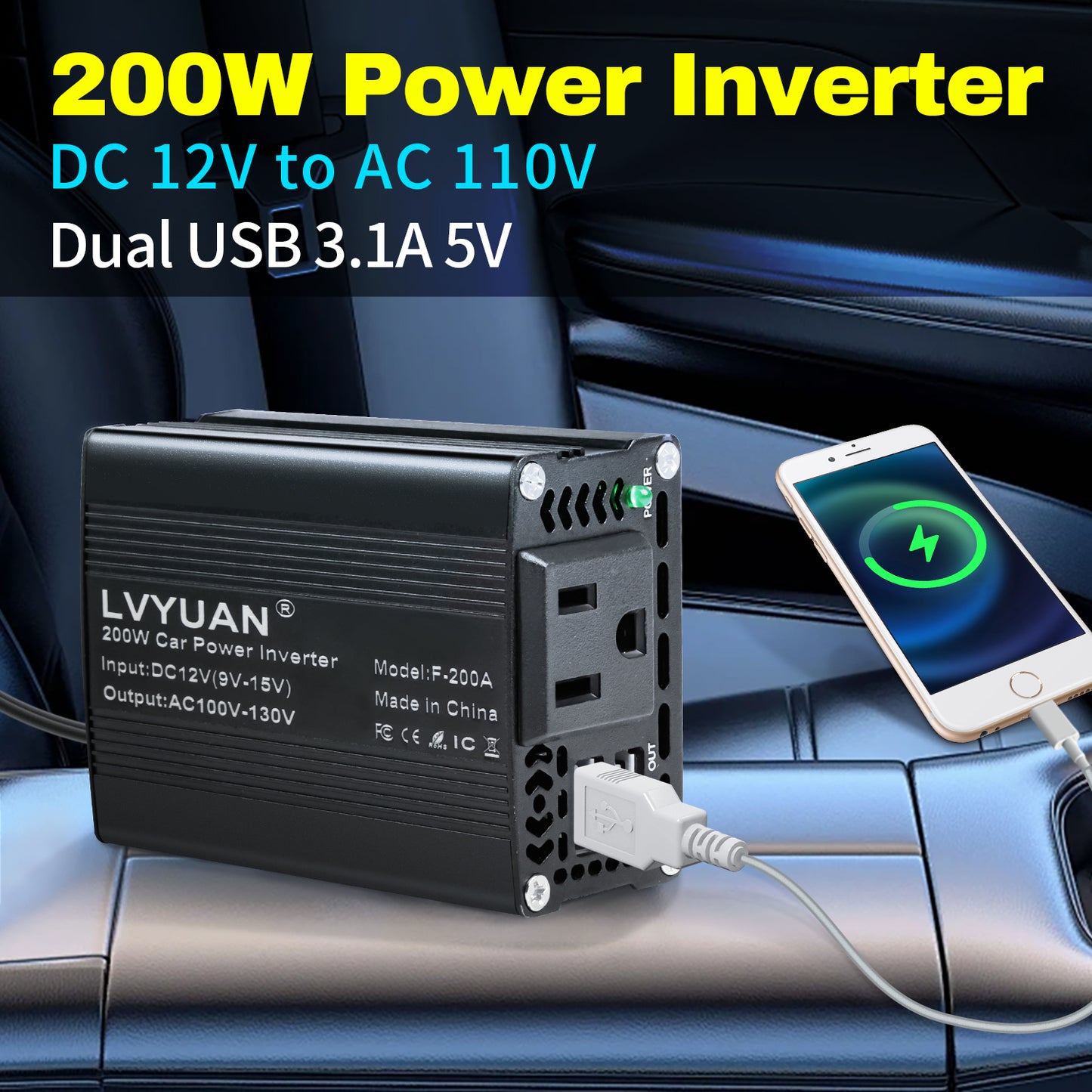 LVYUAN 200Watts Power Inverter Converter Adapter 12V DC to 110V AC Car Charger with 2 USB Ports for Cars, Camping, and Travel