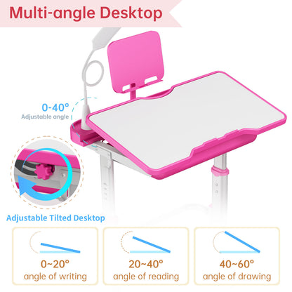 LVYUAN Kids Study Desk and Chair Set Height Adjustable Children School Study Drawing Desk Chair with LED Lamp, Tilt Desktop, Storage Drawer, Book Stand Pink
