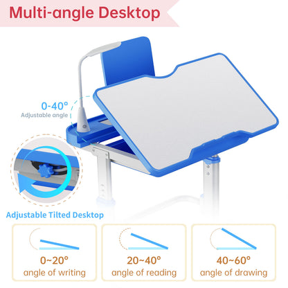 LVYUAN Kids Study Desk and Chair Set Height Adjustable Children School Study Drawing Desk Chair with LED Lamp, Tilt Desktop, Storage Drawer, Book Stand Blue