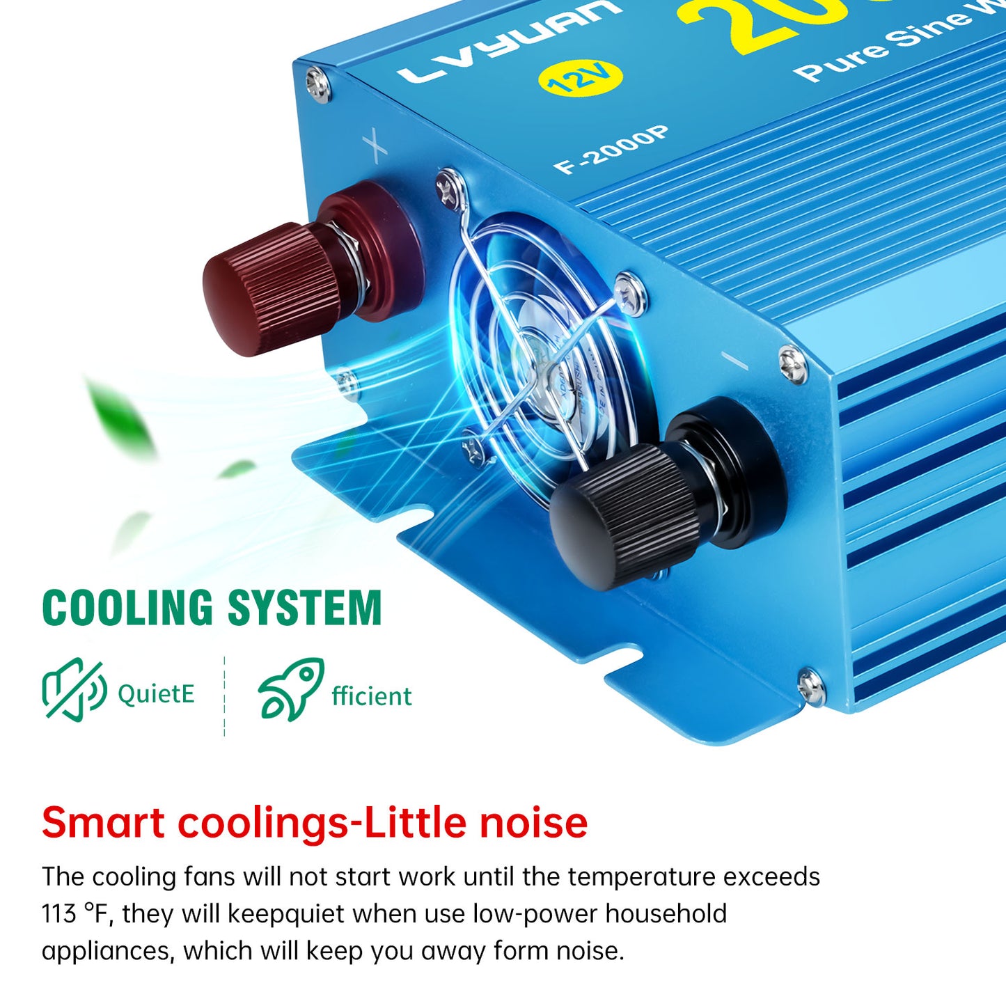 LVYUAN 2000W 4000W Peak Power Inverter DC 12V to AC 110V Pure Sine Wave Car Battery Inverter 3 AC Outlets Charger Adapter LCD Display for Car, RV, Truck, Camping, Home Backup, Emergency Power