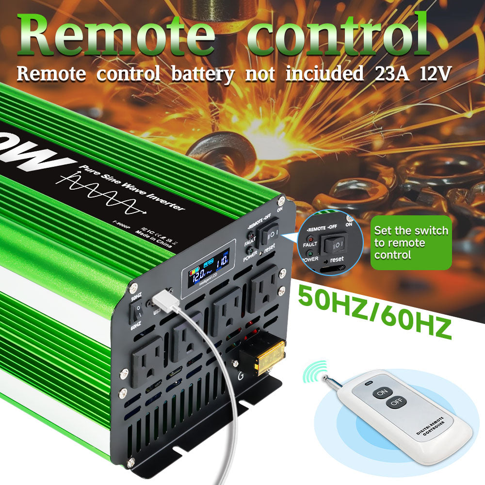 LVYUAN 5000W 10000W Peak Pure Sine Wave Power Inverter 12V DC to 110V AC Converter, 60Hz/50Hz, 4 AC Outlets + USB, LCD Display, Remote Control for Car, RV, Camping & Home Backup Green