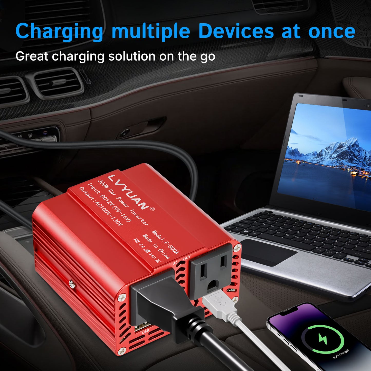 LVYUAN 300W Modified Sine Wave Power Inverter 12V DC to 110V AC Vehicles Converter 2 AC Outlets + 2USB Charger Car Plug Adapter for Laptop, Computer, Car, RV, Camping & Home Red